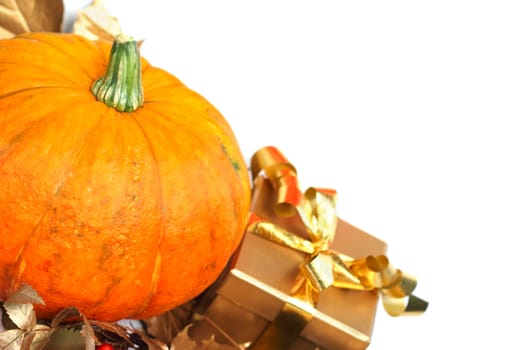 Halloween pumpkin with autumn leafs and gift isolated on white