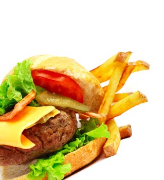 Exploded view of hamburger with french fries isolated on white background