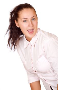 Isolated portrait shot of a beautiful caucasian woman. Happy and smiling