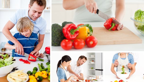 Collage of people preparing vegetables at home in the kitchen