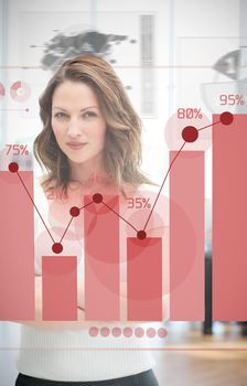 Confident blonde businesswoman using red chart interface with statistics