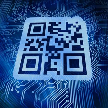 Qr code standing in front of futuristic background showing circuit board