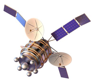 3D model of an artificial satellite of the Earth, equipped solar panels and parabolic satellite communications antenna