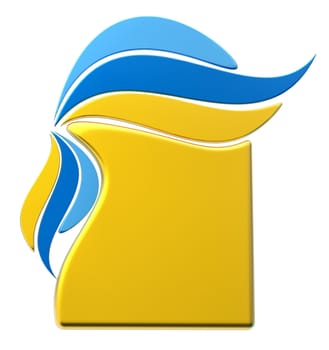 yellow and blue form with stylized shapes