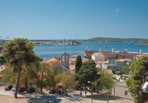 View of the city and the bay from the hill Kastel. Pula. Croatia