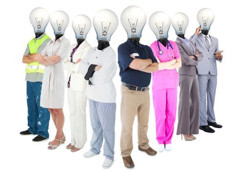 Different workers with light bulb heads standing in a row on white background