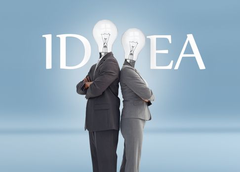 Business people with light bulb heads and idea text posing against blue background