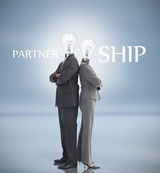 Business people with light bulbs instead of heads and partnership text posing against blue background