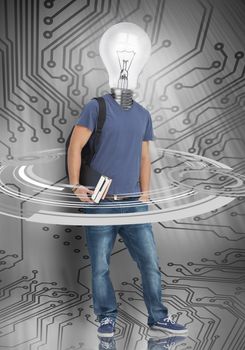 Male student with light bulb head standing against grey circuit board background