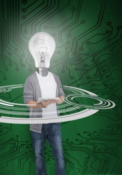 Boy with light bulb instead of head circled by white dial in front of green circuit board background