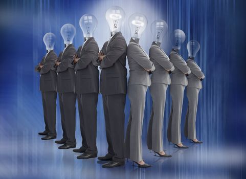 Business team with bulb heads in line on blue background