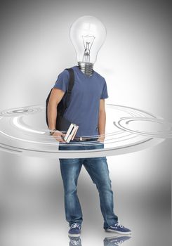 Light bulb headed student surrounded by grey dials on grey background