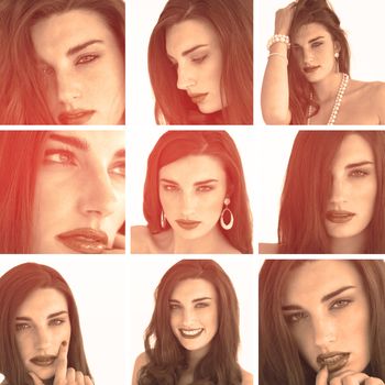 Collage of attractive brunette with red lipstick in sepia on white background