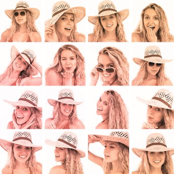 Collage of woman with straw hat and sunglasses in sepia