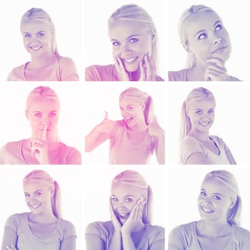 Collage with various pictures of blonde woman on white background with a pink and purple tint