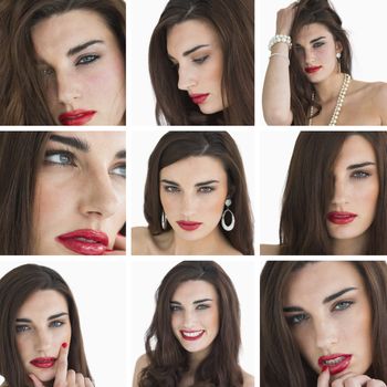 Collage of attractive brunette with red lipstick on white background