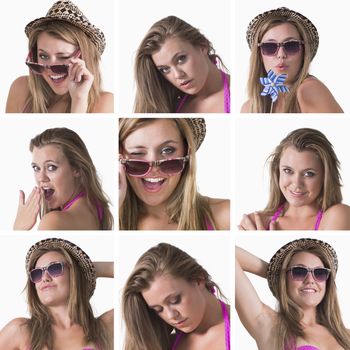 Collage of a woman with hat and sunglasses gesturing on white background