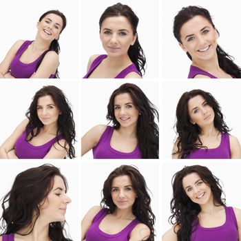 Collage of smiling woman with dark curly hair and purple shirt on white background