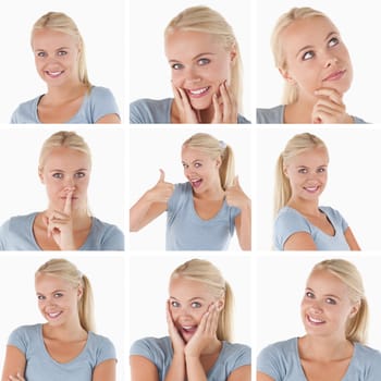 Collage of cute blonde woman gesturing on white background