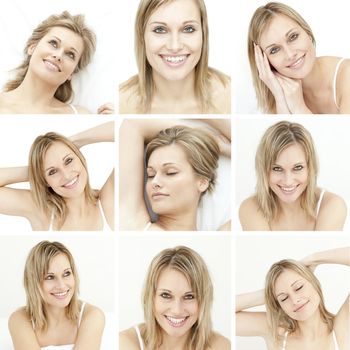 Collage of attractive blonde woman on white background