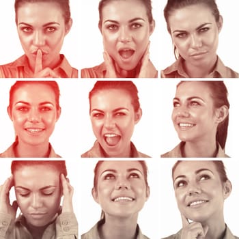 Collage of cute brunette woman in sepia glow and on white background