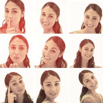 Collage of brunette woman in sepia glow and on white background