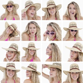 Collage of woman with straw hat and sunglasses on white background