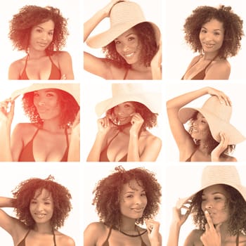 Collage of beautiful brunette woman with hat in sepia