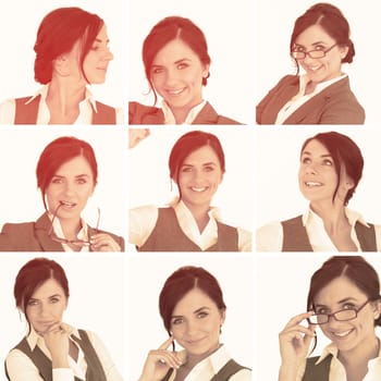 Collage of brunette businesswoman in sepia and on white background