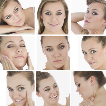 Collage of natural blonde woman on white background