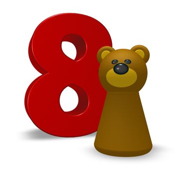 number eight and brown bear - 3d illustration