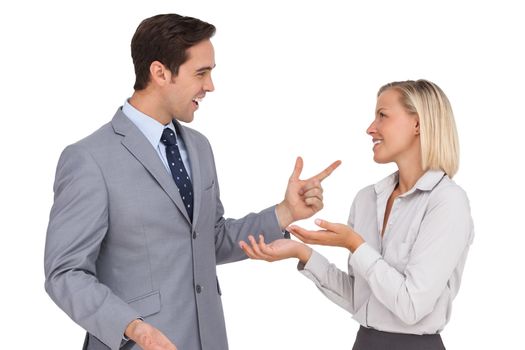 Young business people meet each other on white background