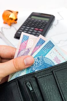 Polish notes in wallet. Financial and revenue composition