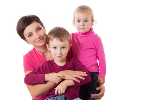 Happy mother and two children isolated on white