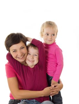 Happy mother and two children isolated on white