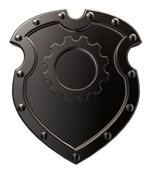 riveted metal shield with gear wheel symbol on white background - 3d illustration