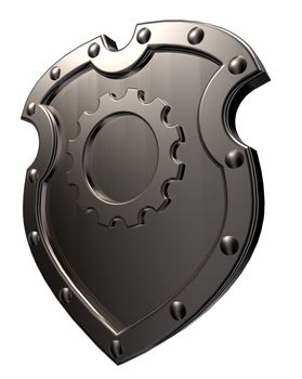 riveted metal shield with gear wheel symbol on white background - 3d illustration