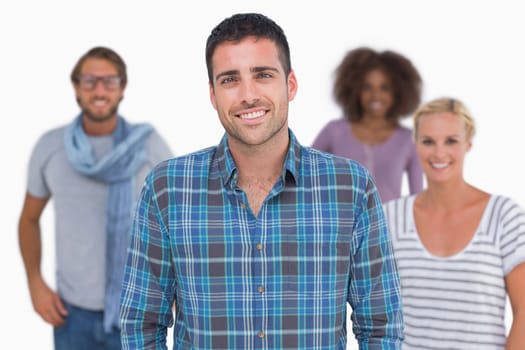 Smiling stylish group portrait on white background