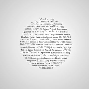 Group of marketing terms on grey background
