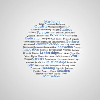Group of blue marketing terms on grey background