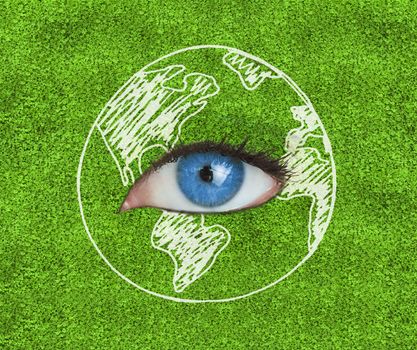 Blue eye surrounded by a drawing of the Earth over grass texture