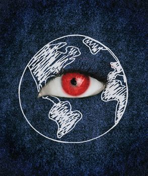 Red eye with eyelashes over blue texture surrounded by a drawing of the earth