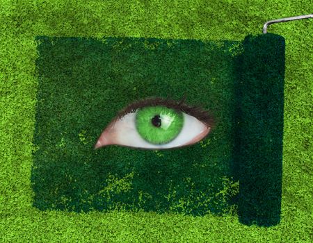 Paint roller revealing a green eye over grass texture