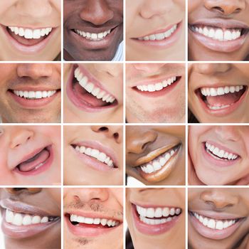 Collage of bright white smiles promoting dental care on white background