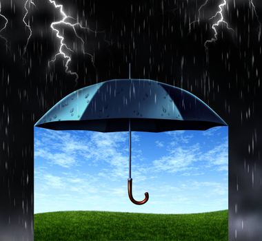 Security and protection concept with a black umbrella covering and protecting from a dark dangerous thunder rain storm with lightning and under is a peaceful safe summer landscape with green grass and a safe blue sky.