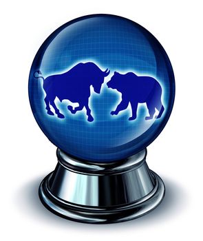 Stock market predictions as a financial concept with a crystall ball and a bull and bear in the reflection as a symbol of future trading trends.