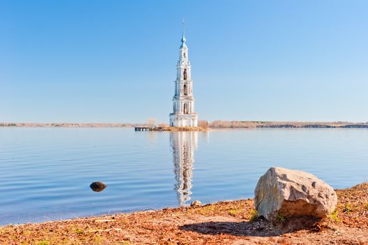 Bell tower of of the flooded church in Uglich reservoir on the Volga River.