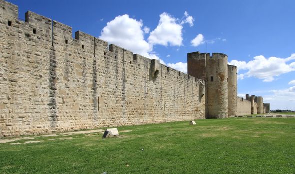 Famous fortification wall surrounding Aigues-Mortes city, Camargue, France
