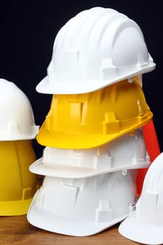 Stack of white and yellow helmets on black 
