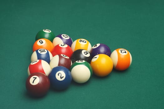Billiard balls on the pool table to start playing